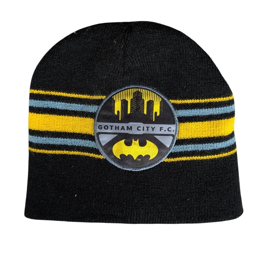 Batman Gotham City FC Beanie Hat Black Yellow Blue Striped Knit Cap DC‎ Comics